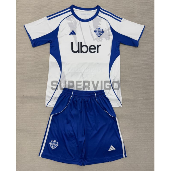 Camiseta Como 1907 Segunda Equipación 2025/2026 Blanco/Azul Niño Kit