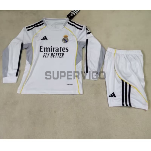 Camiseta Real Madrid Primera Equipación 2025/2026 ML Blanco Niño Kit