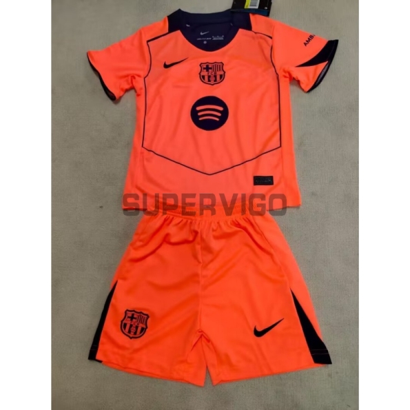 Camiseta Barcelona Tercera Equipación 2025/2026 Naranja Niño Kit