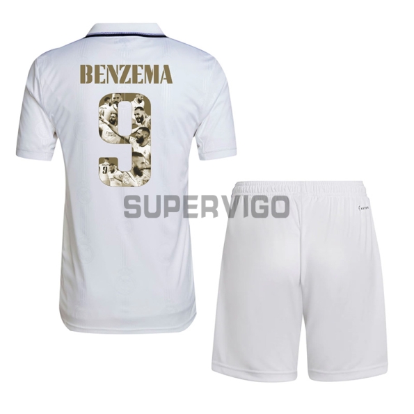 Camiseta Benzema 9 Real Madrid Primera Equipación 2022/2023 Niño Kit Balón de Oro