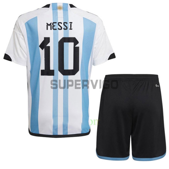 Camiseta Messi 10 Argentina Primera Equipación 2022 Mundial 3 Estrellas Niño Kit