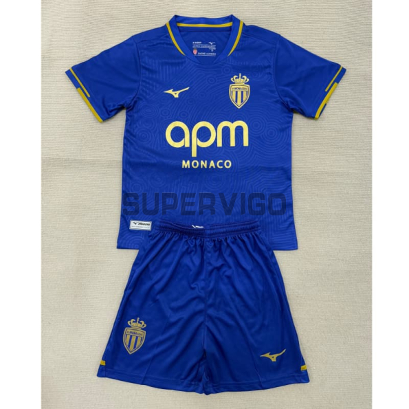 Camiseta Monaco Segunda Equipación 2025/2026 Azul/Dorado Niño Kit
