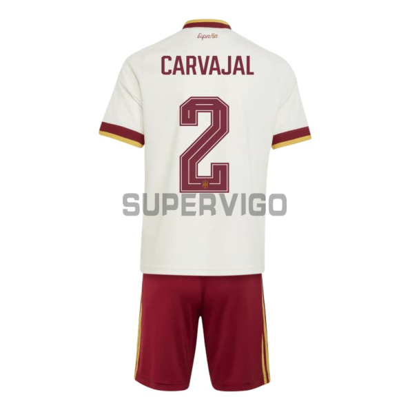 Camiseta Carvajal 2 España Segunda Equipación Mundial 2026 Blanco/Rojo Niño Kit