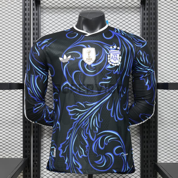 Camiseta Argentina Segunda Equipación Mundial 2026 ML Negro/Azul con FIFA2022 (EDICIÓN JUGADOR)