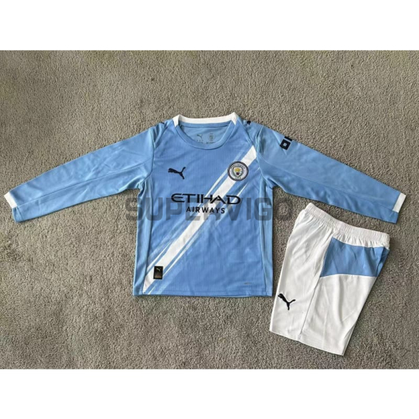 Camiseta Manchester City Primera Equipación 2025/2026 ML Azul Niño Kit