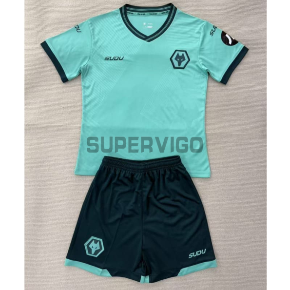 Camiseta Wolverhampton Wanderers Segunda Equipación 2025/2026 Verde Azulado Niño Kit