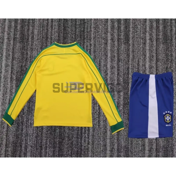 Camiseta Brasil Primera Equipación Retro 1998 ML Amarillo Niño Kit