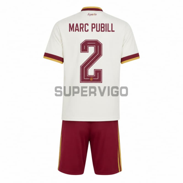 Camiseta Marc Pubill 2 España Segunda Equipación Mundial 2026 Blanco/Rojo Niño Kit