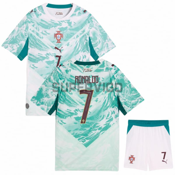 Camiseta Ronaldo 7 Portugal Segunda Equipación Mundial 2026 Verde/Blanco Niño Kit