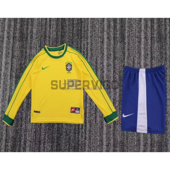 Camiseta Brasil Primera Equipación Retro 1998 ML Amarillo Niño Kit