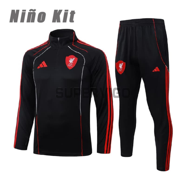 Sudadera De Entrenamiento Liverpool 2025/2026 Niño Kit Negro/Rojo Versión Retro