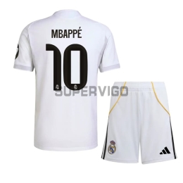 Camiseta MBAPPÉ 10 Real Madrid Primera Equipación 2025/2026 Blanco Niño Kit con Parche HP