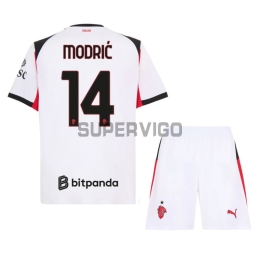 Camiseta MODRIĆ 14 AC Milan Segunda Equipación 2025/2026 Blanco Niño Kit