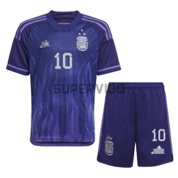 Camiseta Messi 10 Argentina Segunda Equipación 2022 Mundial 3 Estrellas Niño Kit