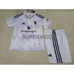 Camiseta Manchester United 2025/2026 Blanco/Morado Claro Niño Kit