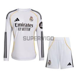 Camiseta Real Madrid Primera Equipación 2025/2026 ML Blanco Niño Kit con Parche HP